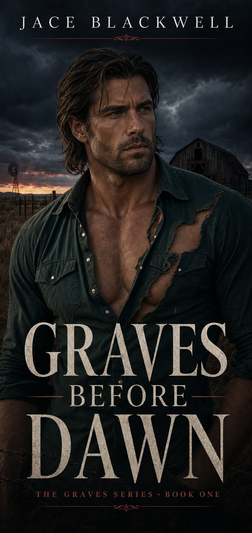 Book cover for Graves Before Dawn by Jace Blackwell, featuring Weston in a torn forest-green Western pearl-snap shirt